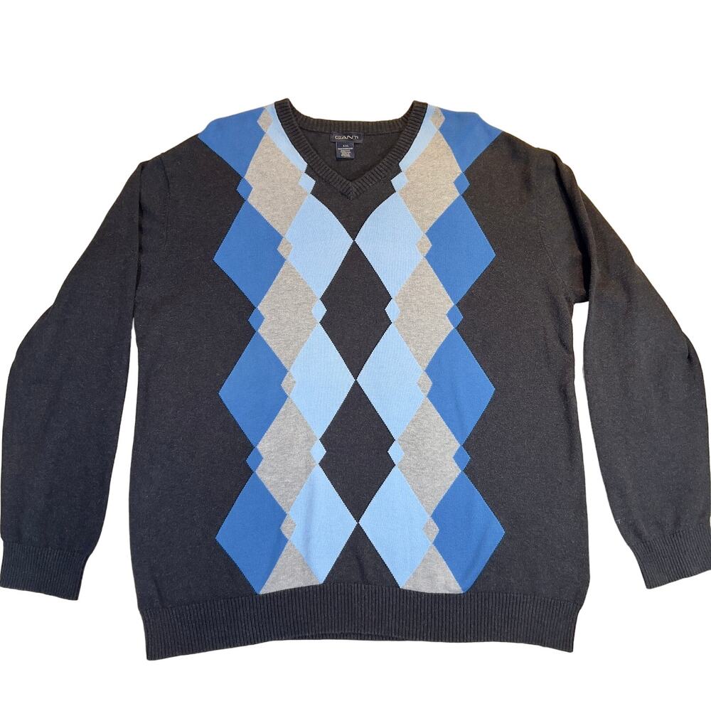 Gant Vintage Made in Hong Kong 100% Cotton Blue Argyle V-Neck Sweater Men's XXL